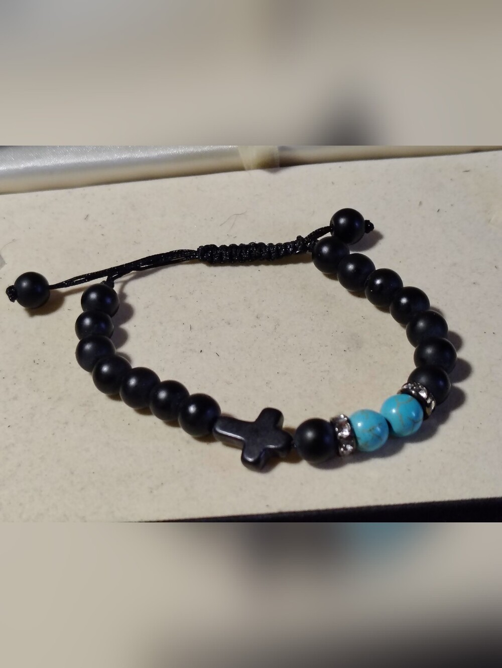 🚨NEW Unisex Matte Black Onyx & Turquoise Beaded Cross Bracelet Adjustable 🚨